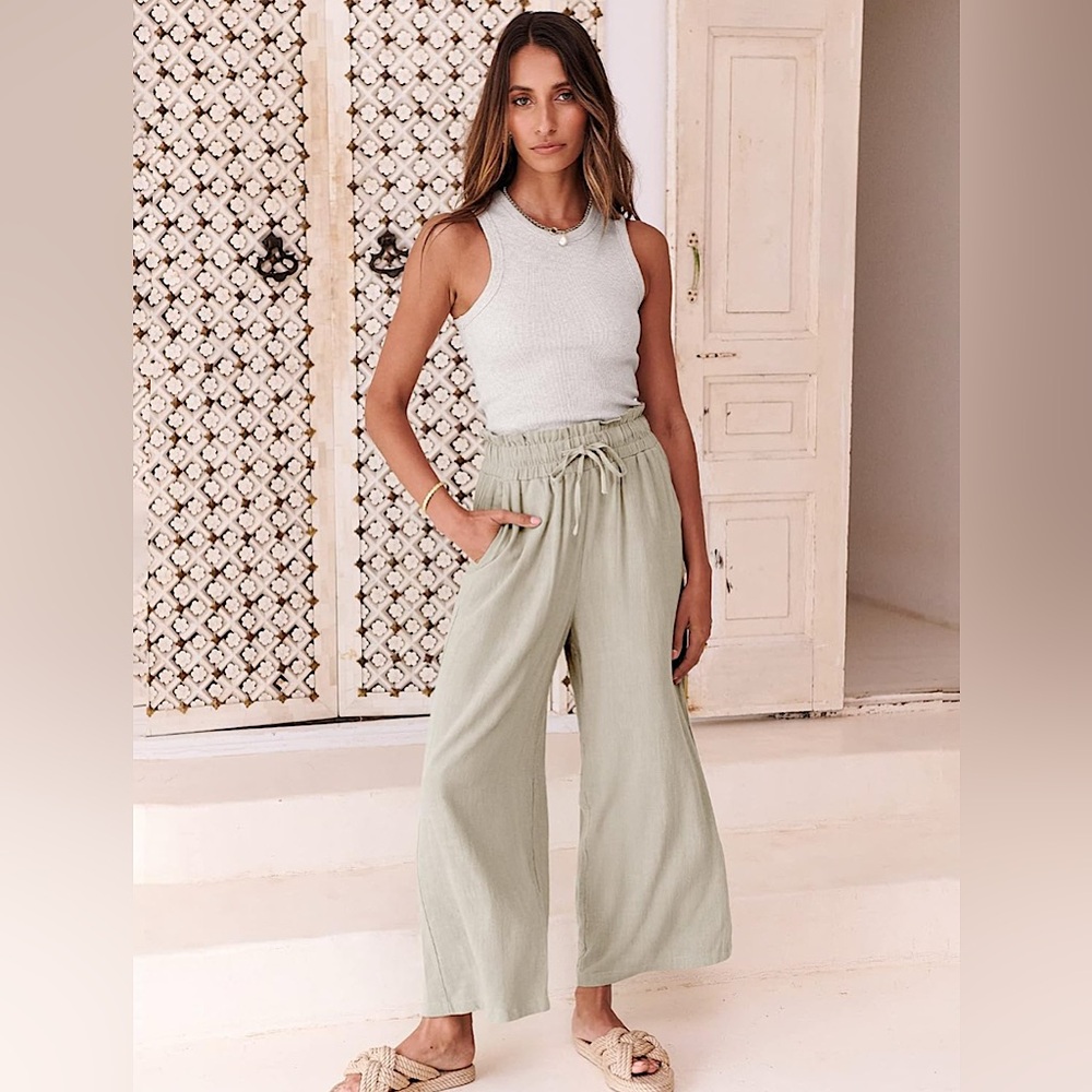 Women Linen Loose High Waist Wide Leg Cropped Palazzo Beach Pants